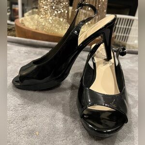 Aubrey Lynn Black Patent Open Toe Sling back Heels, Size 8